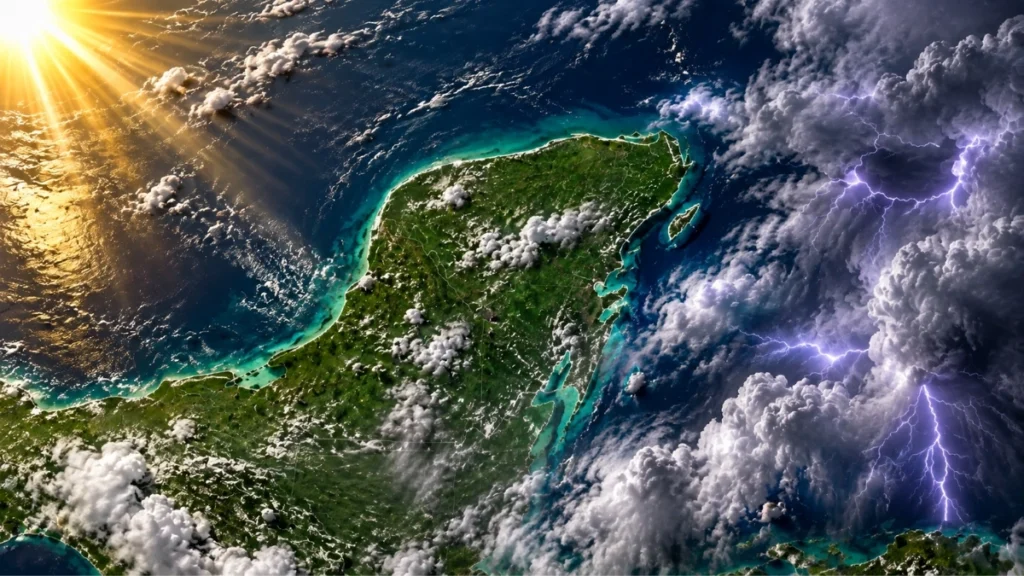 Imagen satelital ilustrativa de la Península de Yucatán con calor, nubosidad y tormentas eléctricas