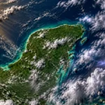 Imagen satelital ilustrativa de la Península de Yucatán con calor, nubosidad y tormentas eléctricas