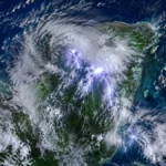 Imagen ilustrativa de nubosidad y tormentas eléctricas sobre la Península de Yucatán