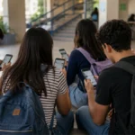 Imagen ilustrativa de adolescentes utilizando teléfonos celulares en un entorno escolar