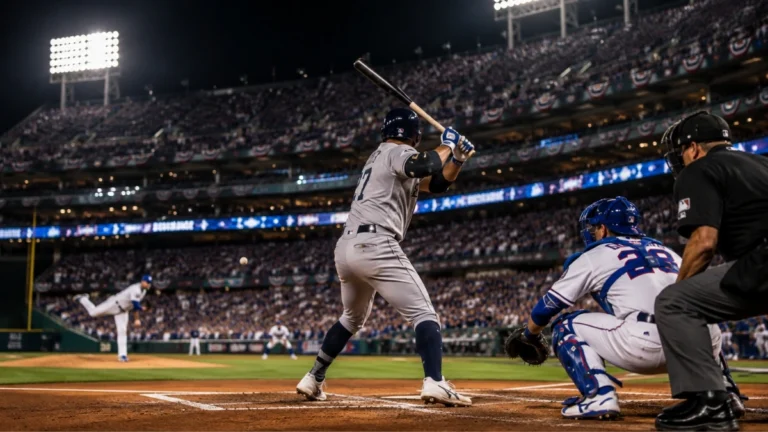 Imagen ilustrativa de un juego nocturno de beisbol durante la postemporada en un estadio lleno