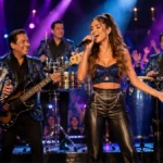 Imagen ilustrativa de una cantante de pop latino acompañada por una agrupación de cumbia durante un concierto