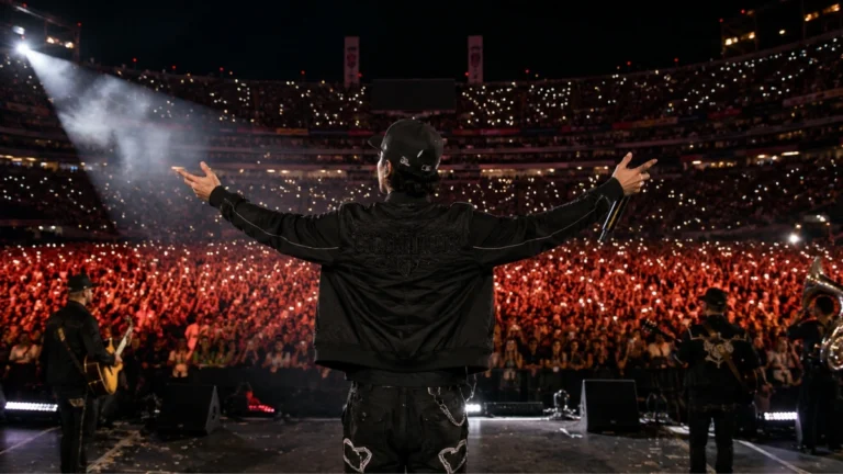 Imagen ilustrativa de un cantante de corridos tumbados de espaldas ante un estadio lleno