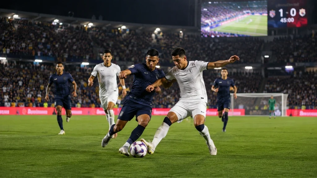 Imagen ilustrativa de futbolistas disputando el balón durante un partido nocturno