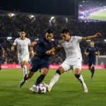 Imagen ilustrativa de futbolistas disputando el balón durante un partido nocturno