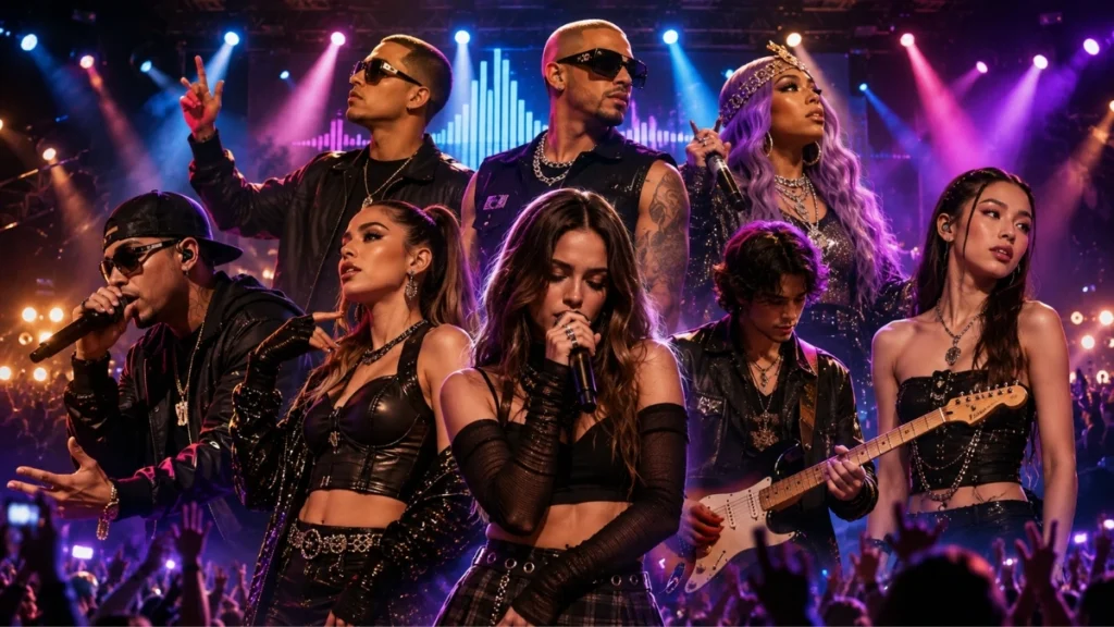 Imagen ilustrativa de diversos artistas de pop, rock y música urbana durante presentaciones musicales