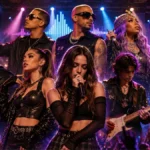 Imagen ilustrativa de diversos artistas de pop, rock y música urbana durante presentaciones musicales