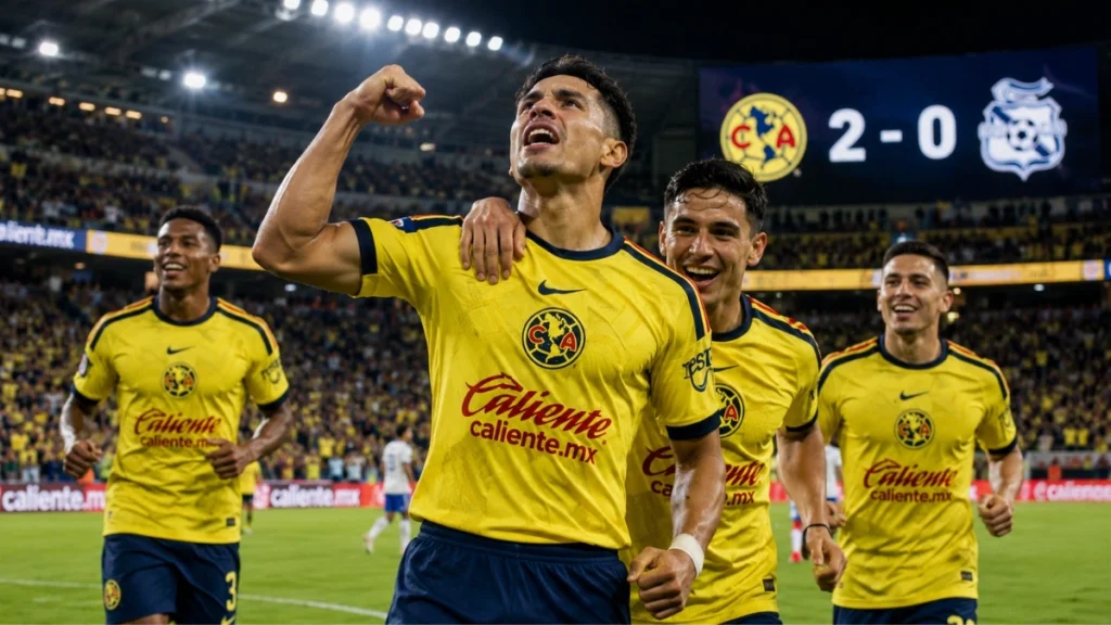 Imagen ilustrativa de futbolistas con uniforme amarillo celebrando una victoria en un estadio