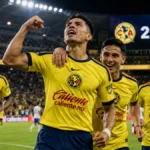 Imagen ilustrativa de futbolistas con uniforme amarillo celebrando una victoria en un estadio