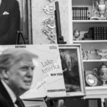 Donald Trump frente a un mapa con la denominación Lake America en la Oficina Oval