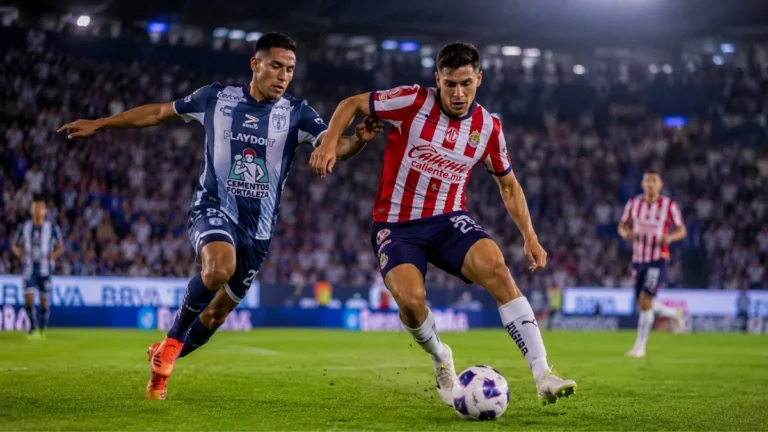 Imagen ilustrativa de futbolistas con uniformes inspirados en Pachuca y Chivas disputando el balón