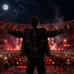 Imagen ilustrativa de un cantante de espaldas frente a un estadio lleno durante un concierto nocturno