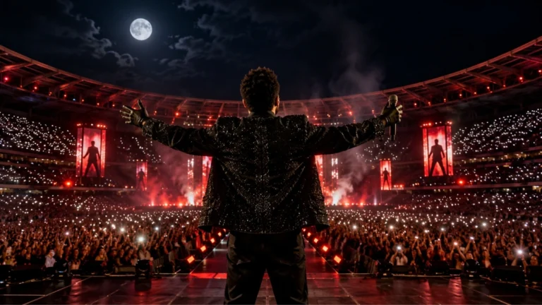 Imagen ilustrativa de un cantante de espaldas frente a un estadio lleno durante un concierto nocturno