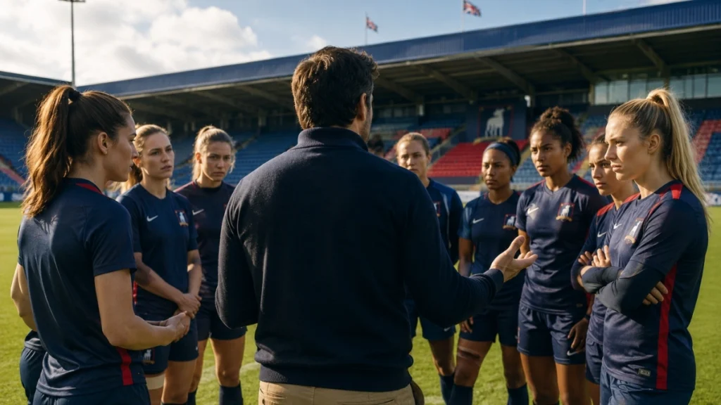 Imagen ilustrativa de un entrenador hablando con un equipo femenino de fútbol dentro de un estadio