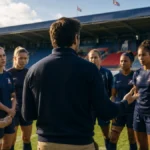 Imagen ilustrativa de un entrenador hablando con un equipo femenino de fútbol dentro de un estadio