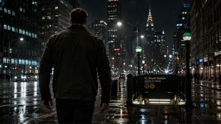 Imagen ilustrativa de un hombre caminando de noche por una calle de Nueva York bajo la lluvia