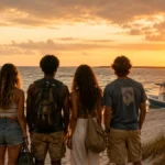 Imagen ilustrativa de cinco jóvenes aventureros frente al mar durante un atardecer