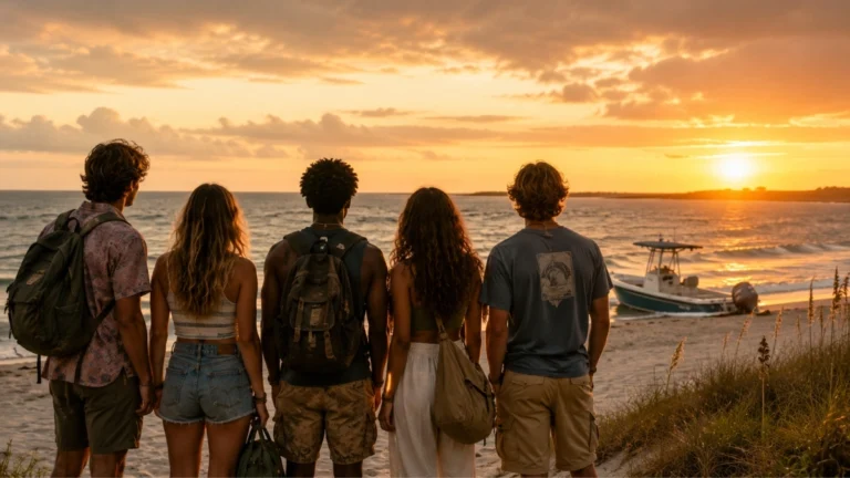 Imagen ilustrativa de cinco jóvenes aventureros frente al mar durante un atardecer