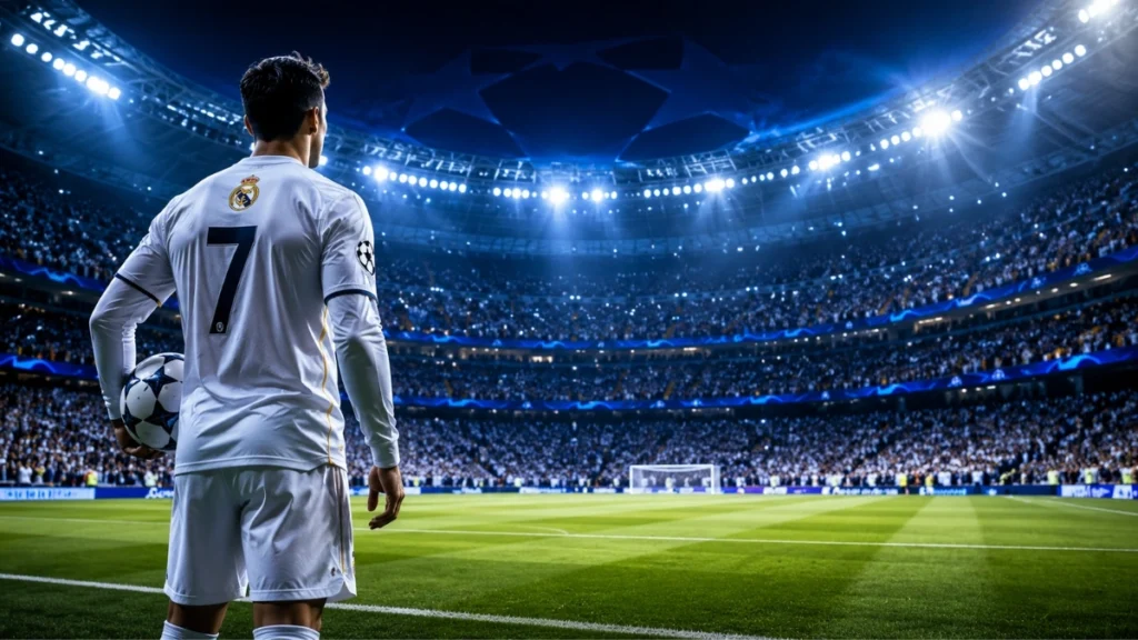 Imagen ilustrativa de un futbolista vestido de blanco frente a un estadio durante una noche de Champions League
