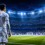 Imagen ilustrativa de un futbolista vestido de blanco frente a un estadio durante una noche de Champions League
