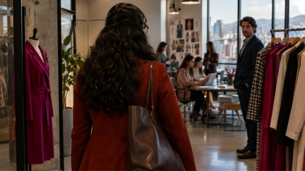Imagen ilustrativa de una mujer ejecutiva ingresando a una empresa de moda