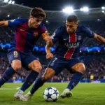 Imagen ilustrativa de dos futbolistas con uniformes inspirados en PSG y Barcelona disputando el balón