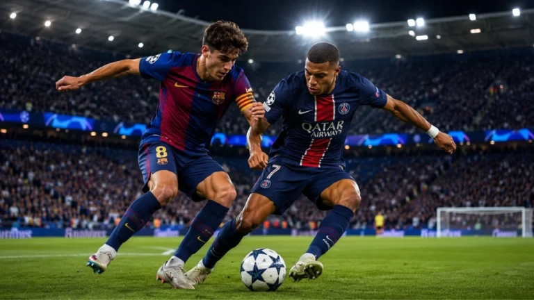 Imagen ilustrativa de dos futbolistas con uniformes inspirados en PSG y Barcelona disputando el balón