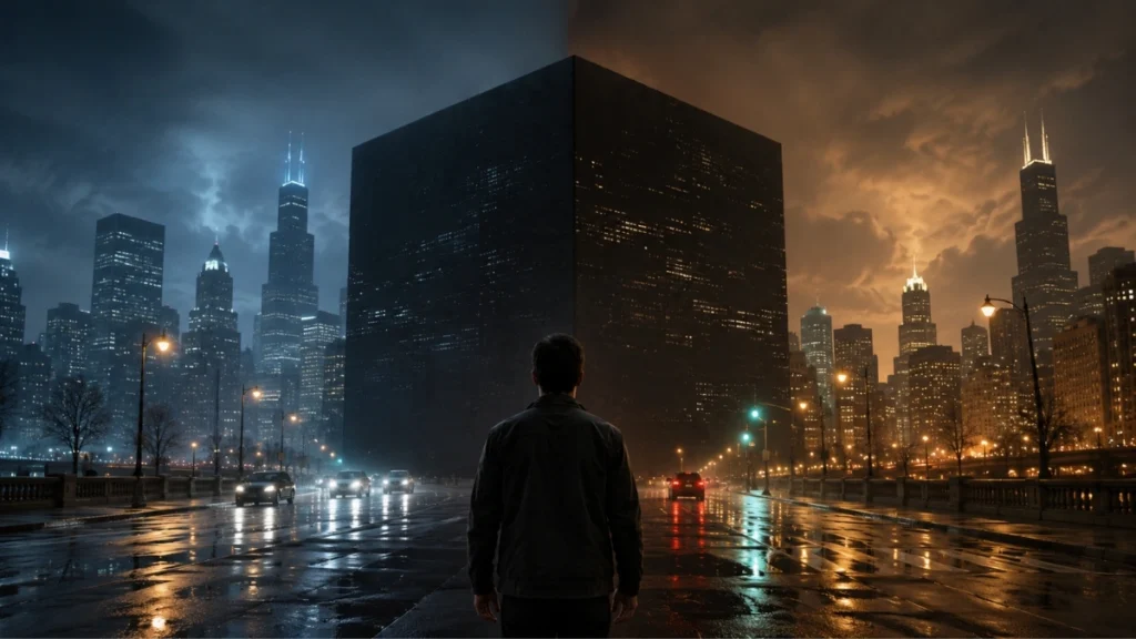 Imagen ilustrativa de un hombre frente a dos realidades alternativas de una ciudad durante la noche