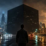 Imagen ilustrativa de un hombre frente a dos realidades alternativas de una ciudad durante la noche
