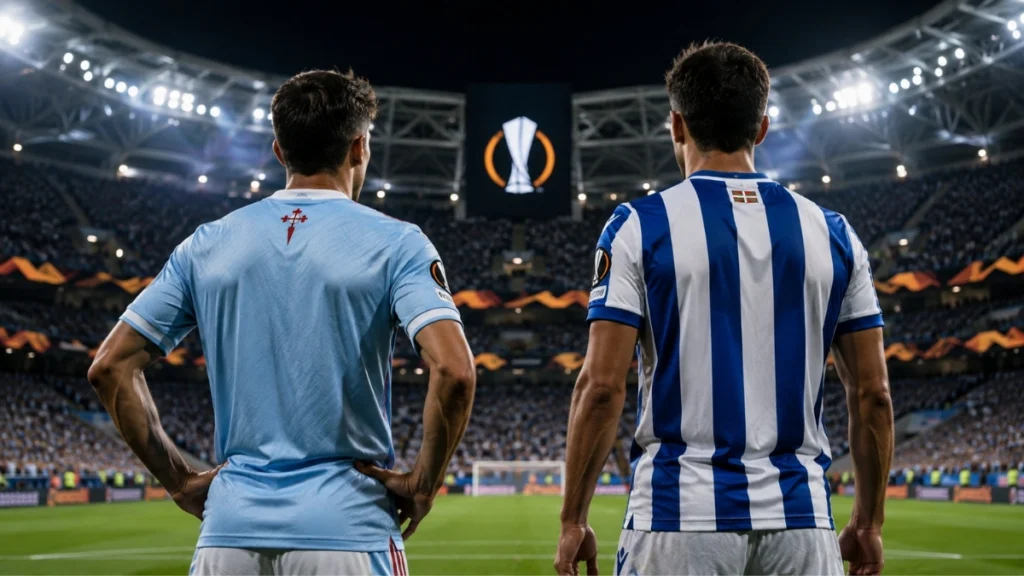 Imagen ilustrativa de dos futbolistas con uniformes inspirados en Celta de Vigo y Real Sociedad en un estadio europeo
