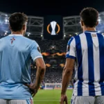 Imagen ilustrativa de dos futbolistas con uniformes inspirados en Celta de Vigo y Real Sociedad en un estadio europeo