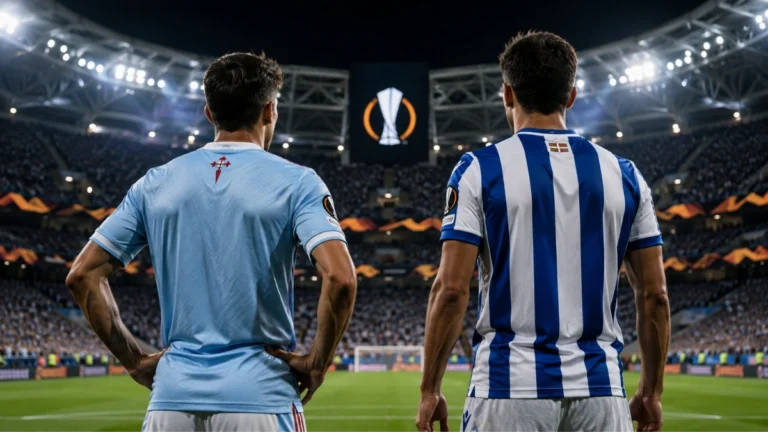 Imagen ilustrativa de dos futbolistas con uniformes inspirados en Celta de Vigo y Real Sociedad en un estadio europeo