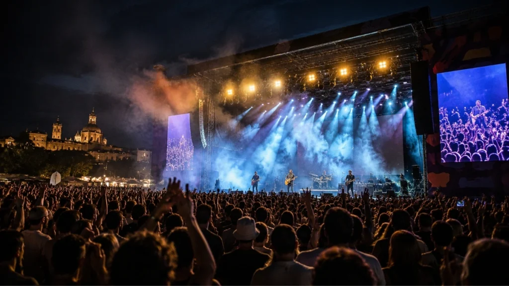Imagen ilustrativa de un festival de música con escenario y público durante un concierto nocturno