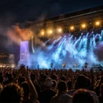 Imagen ilustrativa de un festival de música con escenario y público durante un concierto nocturno