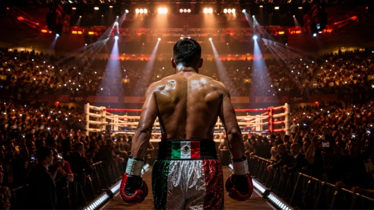 Imagen ilustrativa de un boxeador mexicano entrando al cuadrilátero en una arena llena