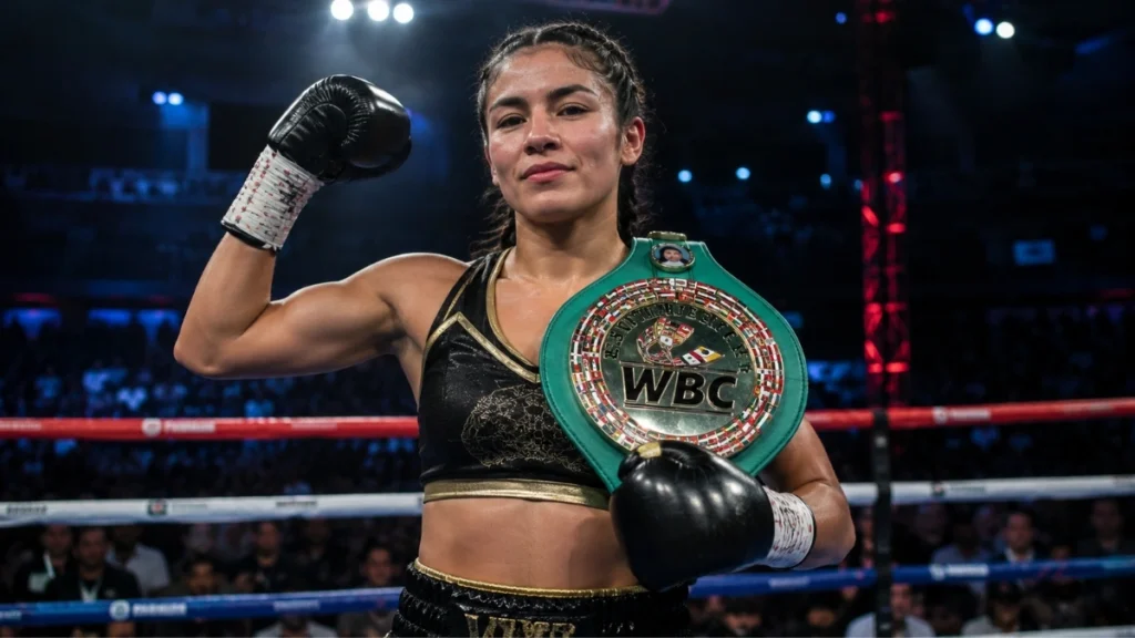 Imagen ilustrativa de una boxeadora con guantes y cinturón de campeonato dentro de un cuadrilátero