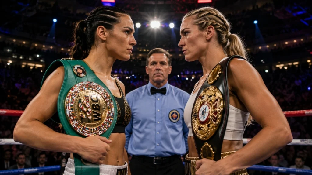 Imagen ilustrativa de dos boxeadoras con cinturones de campeonato frente a frente dentro de un cuadrilátero