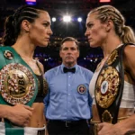 Imagen ilustrativa de dos boxeadoras con cinturones de campeonato frente a frente dentro de un cuadrilátero