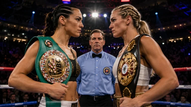 Imagen ilustrativa de dos boxeadoras con cinturones de campeonato frente a frente dentro de un cuadrilátero