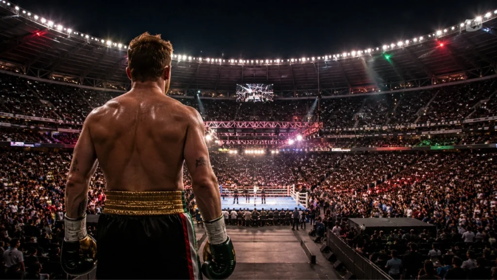 Imagen ilustrativa de un boxeador mexicano frente a un cuadrilátero instalado en un estadio lleno