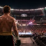 Imagen ilustrativa de un boxeador mexicano frente a un cuadrilátero instalado en un estadio lleno