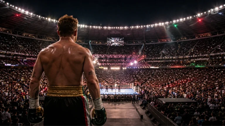 Imagen ilustrativa de un boxeador mexicano frente a un cuadrilátero instalado en un estadio lleno