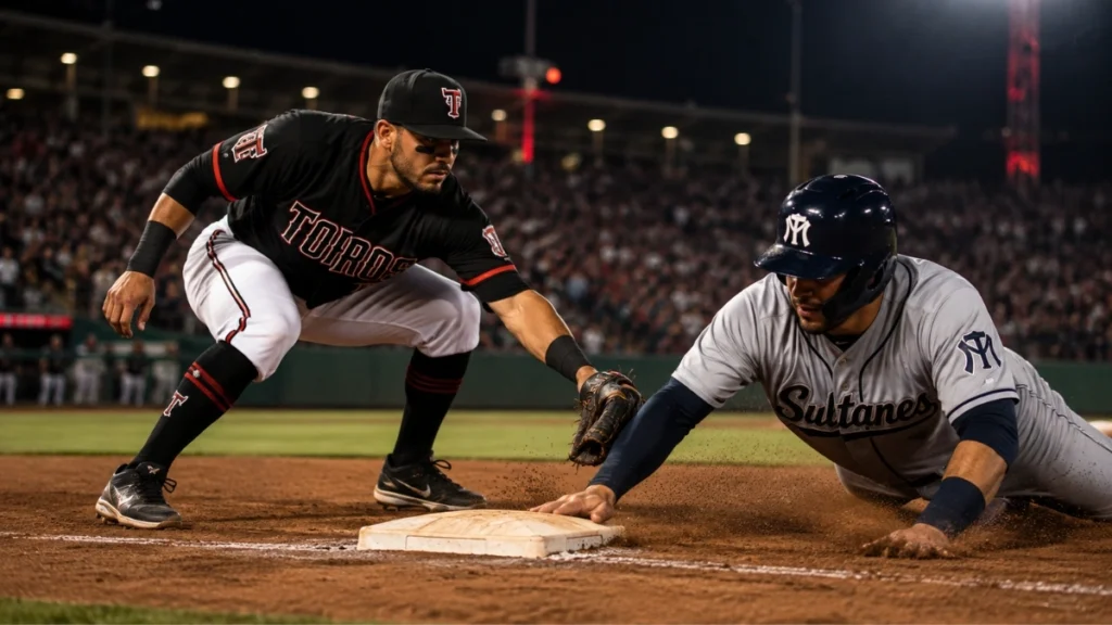 Imagen ilustrativa de jugadores de Toros de Tijuana y Sultanes de Monterrey disputando una jugada sobre una base