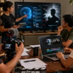 Imagen ilustrativa de jóvenes produciendo y editando contenido audiovisual relacionado con inteligencia artificial