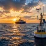 Imagen ilustrativa de una boya de monitoreo oceánico y un buque de investigación en alta mar