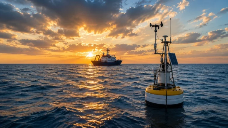 Imagen ilustrativa de una boya de monitoreo oceánico y un buque de investigación en alta mar