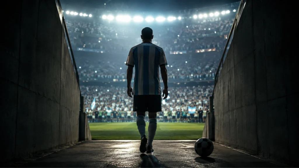 Imagen ilustrativa de un futbolista con camiseta albiceleste caminando hacia un estadio durante una escena de despedida