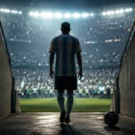 Imagen ilustrativa de un futbolista con camiseta albiceleste caminando hacia un estadio durante una escena de despedida