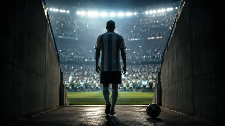Imagen ilustrativa de un futbolista con camiseta albiceleste caminando hacia un estadio durante una escena de despedida