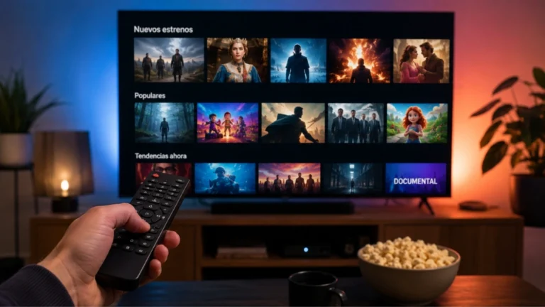 Imagen ilustrativa de una persona navegando por un catálogo de películas y series en una televisión